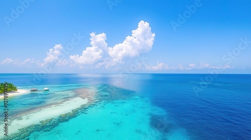 Aerial view of a tropical island with turquoise water and white sand beach.