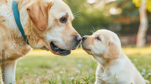 Dog and puppy playing together in a grassy field, National Dog Day, family connection