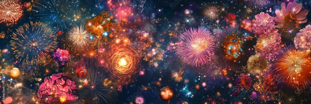 Fototapeta premium New Year's Enchanted Skies: Anime-Style Fireworks Display Celebrating the Eve of 2025 with Festive Splendor,anime-style,illustration,Picture BooksFor Poster,Novel,UI,WEB,Game,Design