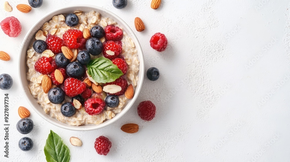 A bowl of oatmeal topped with fresh berries and nuts on a white background, with space for branding or messaging.