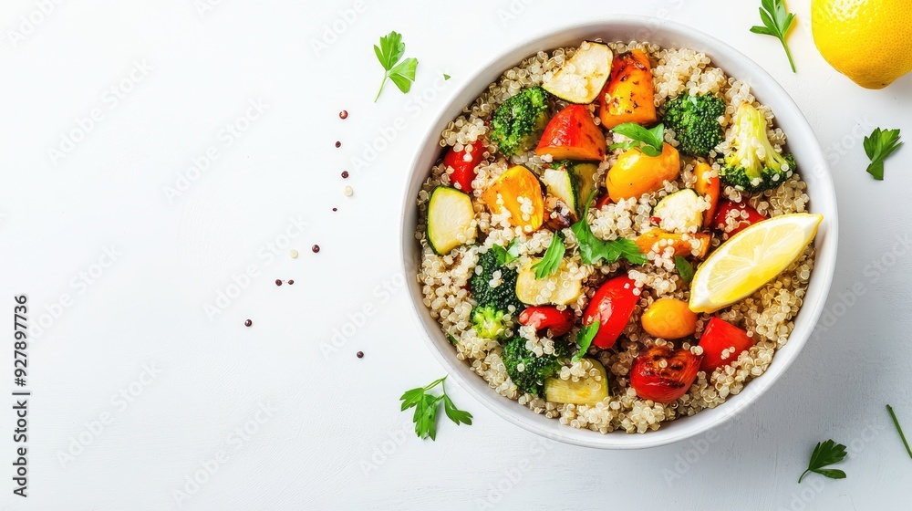 A bowl of quinoa with roasted vegetables and a lemon wedge on a white background, with space for copy. A bowl of quinoa with roasted vegetables and a lemon wedge on a white background, with space for copy.