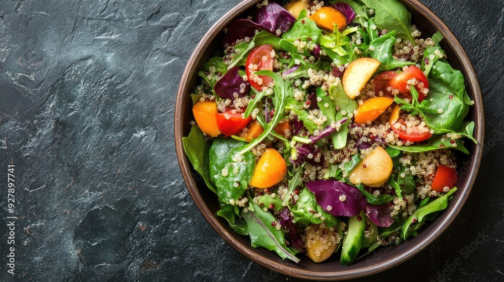 A bowl of quinoa salad with mixed greens and a variety of colorful vegetables, with space for copy. A bowl of quinoa salad with mixed greens and a variety of colorful vegetables, with space for copy.