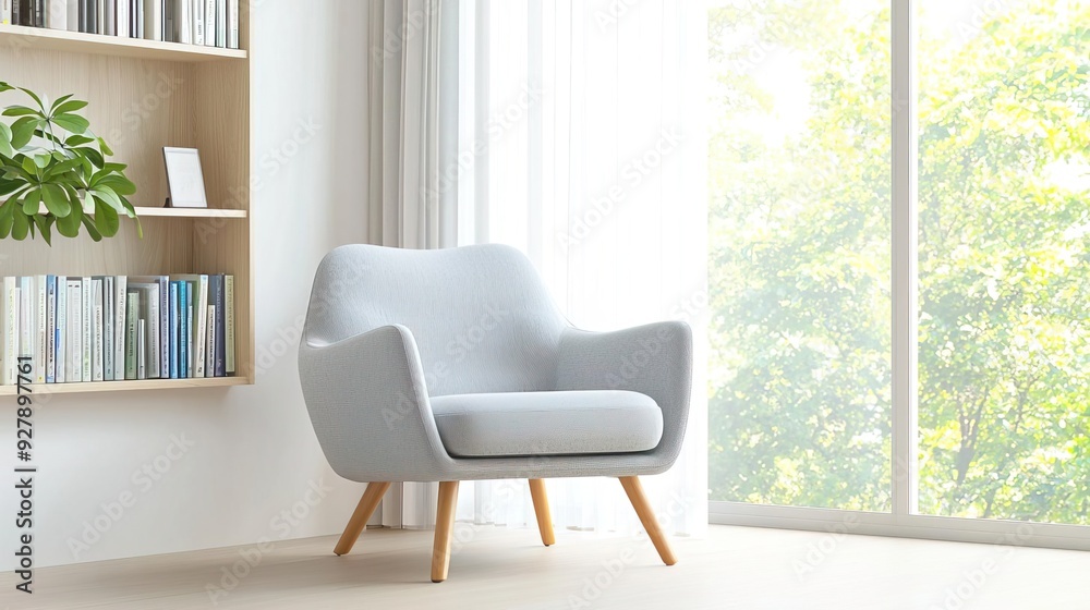 Comfortable armchair in a bright living room with natural light and a bookshelf. Comfortable armchair in a bright living room with natural light and a bookshelf.