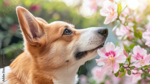 Dog sniffing flowers on a sunny spring day, National Dog Day, seasonal curiosity