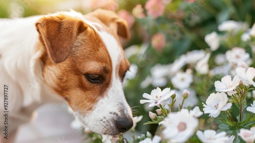 Dog sniffing flowers on a sunny spring day, National Dog Day, seasonal curiosity photo