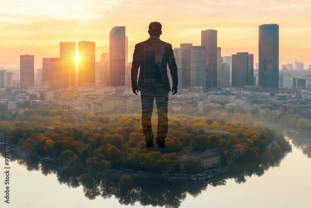 A lone figure stands against a cityscape at sunset contemplating the vast urban landscape below A lone figure stands against a cityscape at sunset contemplating the vast urban landscape below