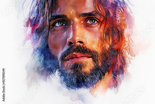 ethereal watercolor portrait of jesus christ soft luminous colors blend seamlessly serene expression with knowing eyes negative space surrounds the face creating a dreamy spiritual atmosphere