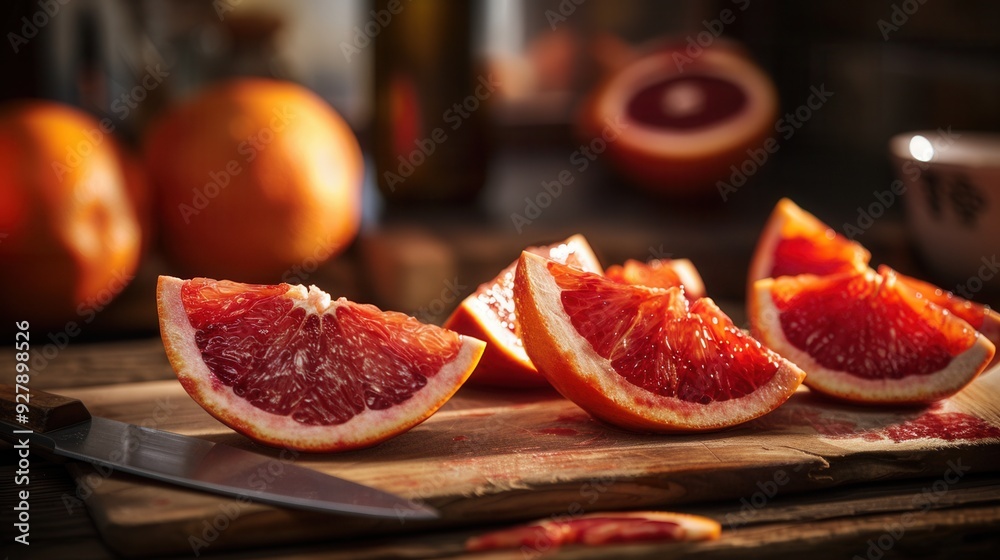 Fresh red blood orange fruit on cut board with knife closeup view Fresh red blood orange fruit on cut board with knife closeup view