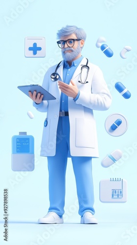 A digital illustration of a doctor with a tablet, surrounded by medical icons, representing modern healthcare and technology.