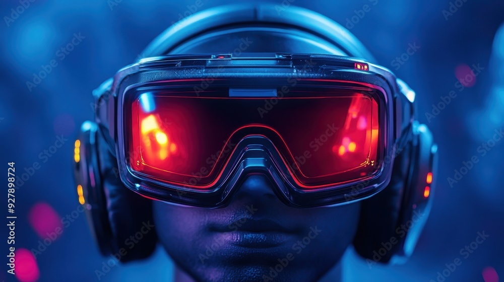 A futuristic image of a person wearing advanced virtual reality goggles, immersed in a vibrant blue and red digital environment. A futuristic image of a person wearing advanced virtual reality goggles, immersed in a vibrant blue and red digital environment.