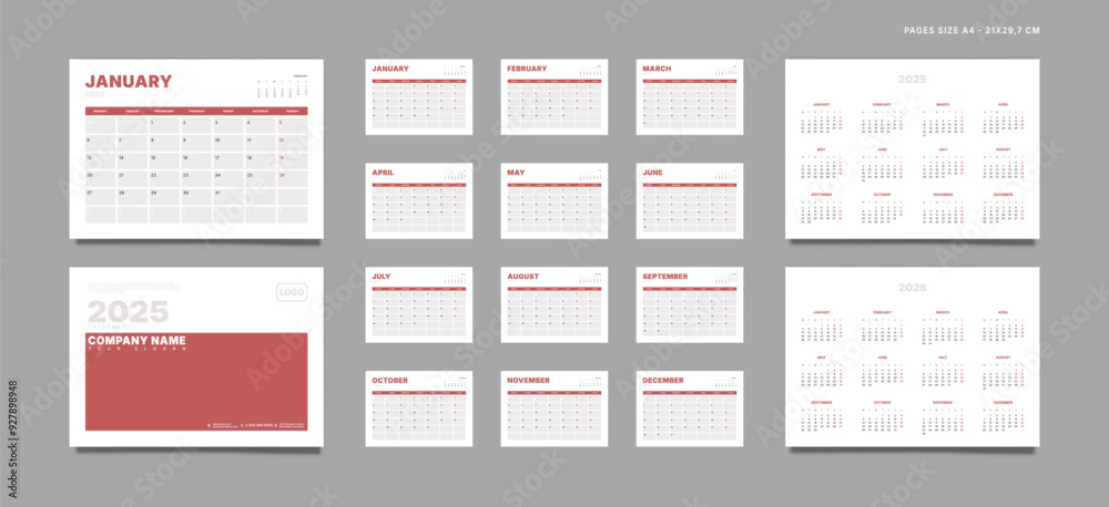 Set of 2025 Pages Monthly Calendar Planner Templates, Cover with Place for Photo, Company Logo, Annual. Design of Vector layout Calendar Pages size A4-21x29.7 cm in for print. Week start on Monday Set of 2025 Pages Monthly Calendar Planner Templates, Cover with Place for Photo, Company Logo, Annual. Design of Vector layout Calendar Pages size A4-21x29.7 cm in for print. Week start on Monday