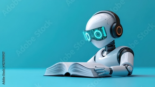 A futuristic robot wearing headphones reads a book, exploring knowledge and technology in a vibrant setting.