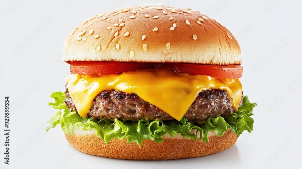 Juicy cheeseburger with ample copy space, highlighting layers of melted cheese, lettuce, and tomato. Juicy cheeseburger with ample copy space, highlighting layers of melted cheese, lettuce, and tomato.