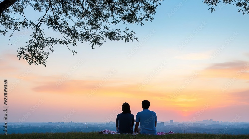 High-angle silhouette view of a couple relaxing together at a picnic in the park, with a beautiful sunset creating a serene mood. High-angle silhouette view of a couple relaxing together at a picnic in the park, with a beautiful sunset creating a serene mood.