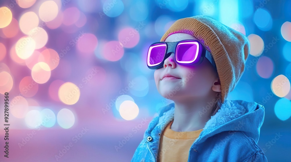 Young boy in beanie and neon glasses looking up at bokeh lights.