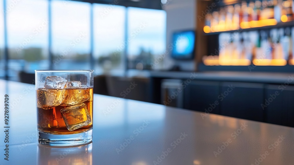 Glass of whiskey with ice on bar counter in modern lounge. Glass of whiskey with ice on bar counter in modern lounge.