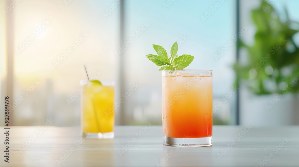 Two refreshing summer cocktails with ice and mint garnishes on a white table. Two refreshing summer cocktails with ice and mint garnishes on a white table.