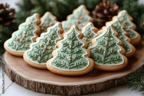 festive array of christmas treeshaped sugar cookies decorated with intricate royal icing designs dusted with edible glitter and arranged on a rustic wooden platter with pine sprigs photo