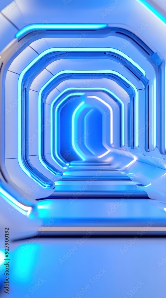 Futuristic corridor featuring glowing blue lights and sleek design, perfect for sci-fi themes and modern architecture.