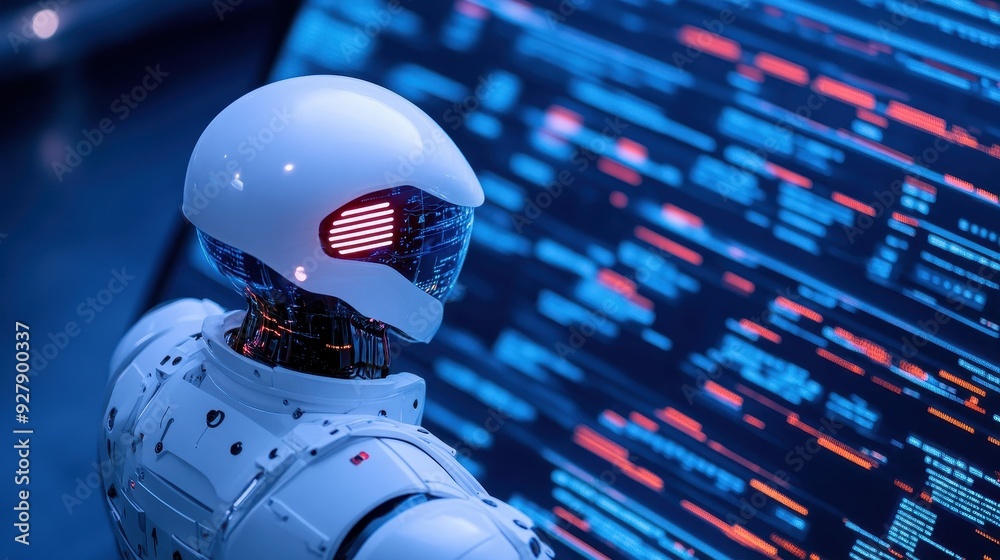 Futuristic robot analyzing data on a digital screen, representing advanced technology and artificial intelligence. Futuristic robot analyzing data on a digital screen, representing advanced technology and artificial intelligence.