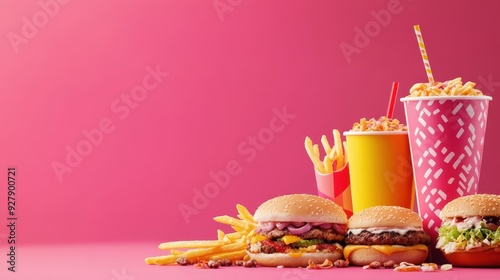 Modern fast food background with copy space, including a variety of fast food items and vibrant colors.