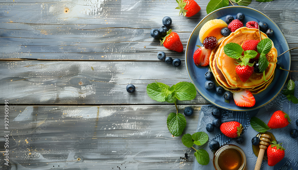 © Oleksiy - Delicious pancakes with berries, jam and honey on wooden table