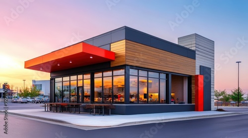 Modern fast food restaurant exterior with copy space, featuring a clean, inviting facade.