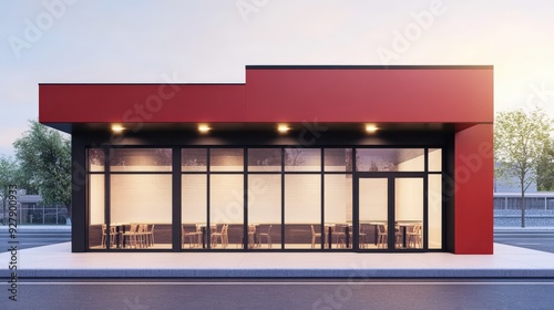 Modern fast food restaurant exterior with copy space, featuring a clean, inviting facade.