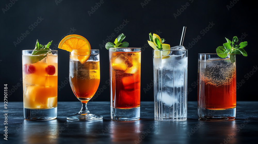 A collection of five different cocktails in glasse A collection of five different cocktails in glasse