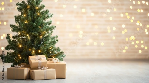 Christmas tree with lights and gifts against a brick wall background.