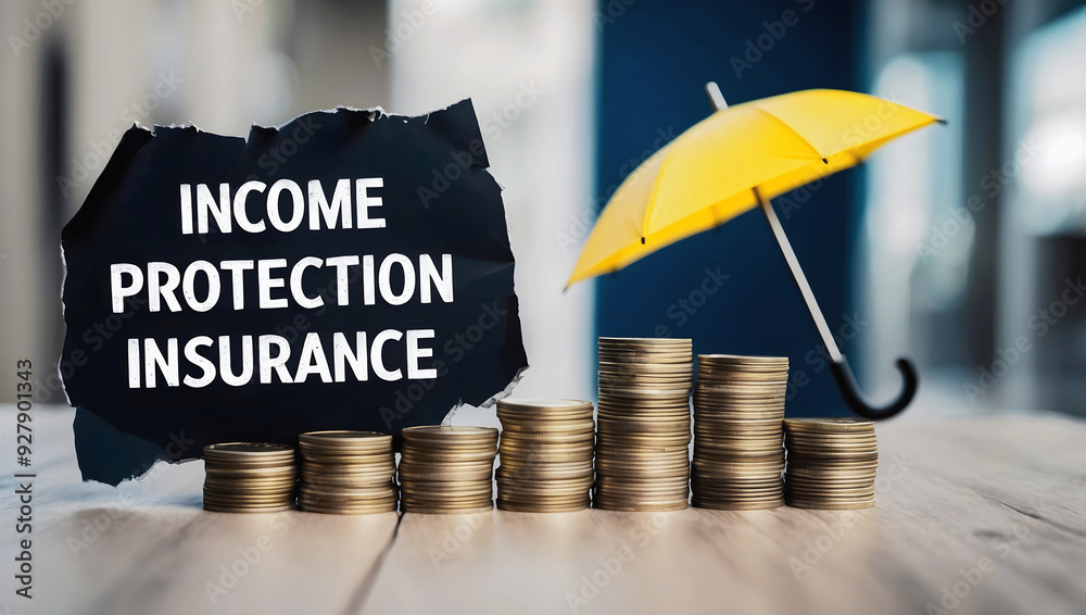 Income protection insurance written on black paper, business and finance concept, coins under yellow umbrella