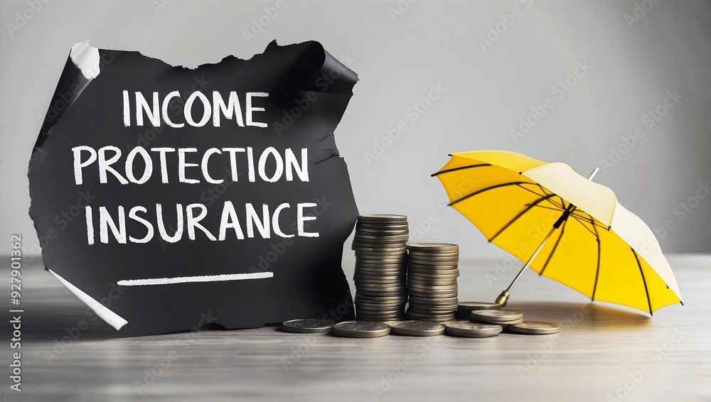 Income protection insurance written on black paper, business and finance concept, coins under yellow umbrella