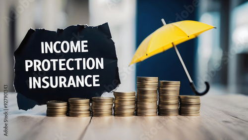 Obraz na płótnie Income protection insurance written on black paper, business and finance concept, coins under yellow umbrella w salonie