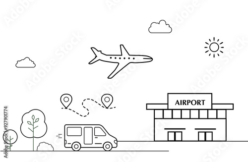 arriving man woman. Flying away man woman. taxi arriving. car. flight airplane airport. Vector design.