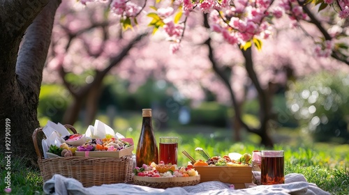 Picnic under cherry blossoms, featuring Japanese bento boxes, sake, and fresh fruits, with beautiful pink blooms overhead.