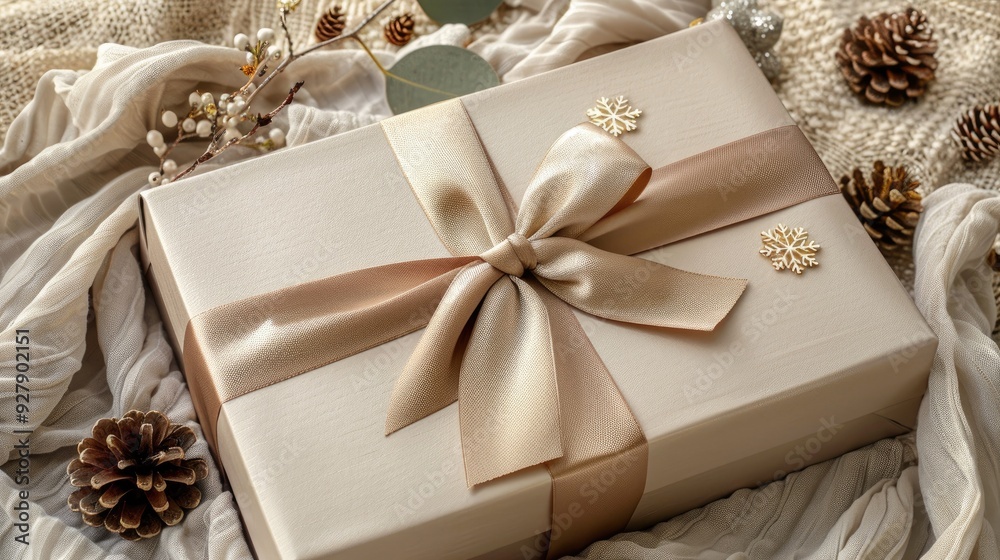 A white gift box wrapped in satin ribbon A white gift box wrapped in satin ribbon