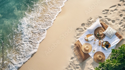 Relaxing beach picnic with soft sand, gentle waves, and a spacious area for copy or branding.