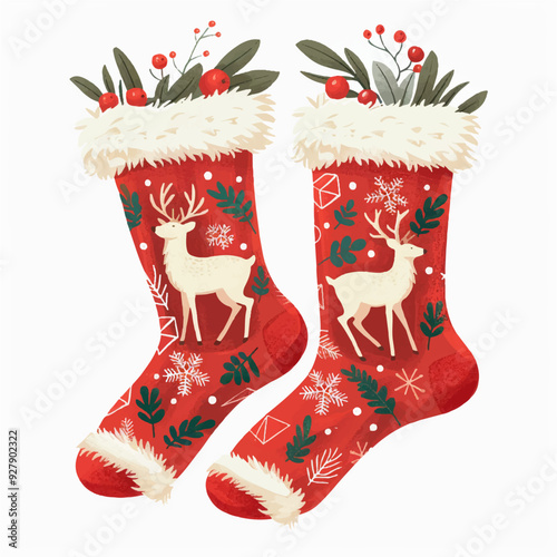 Christmas socks on a white background. New Year's print for design, vector.