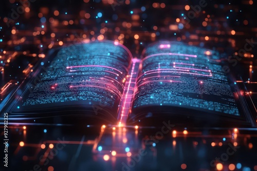 futuristic visualization of aipowered text recognition with glowing lines connecting extracted words to a holographic document set against a backdrop of flowing data streams photo