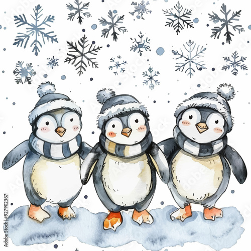 Vector illustration three funny penguins in hats and scarves in the snow for winter Christmas card, sticker, postcard and print