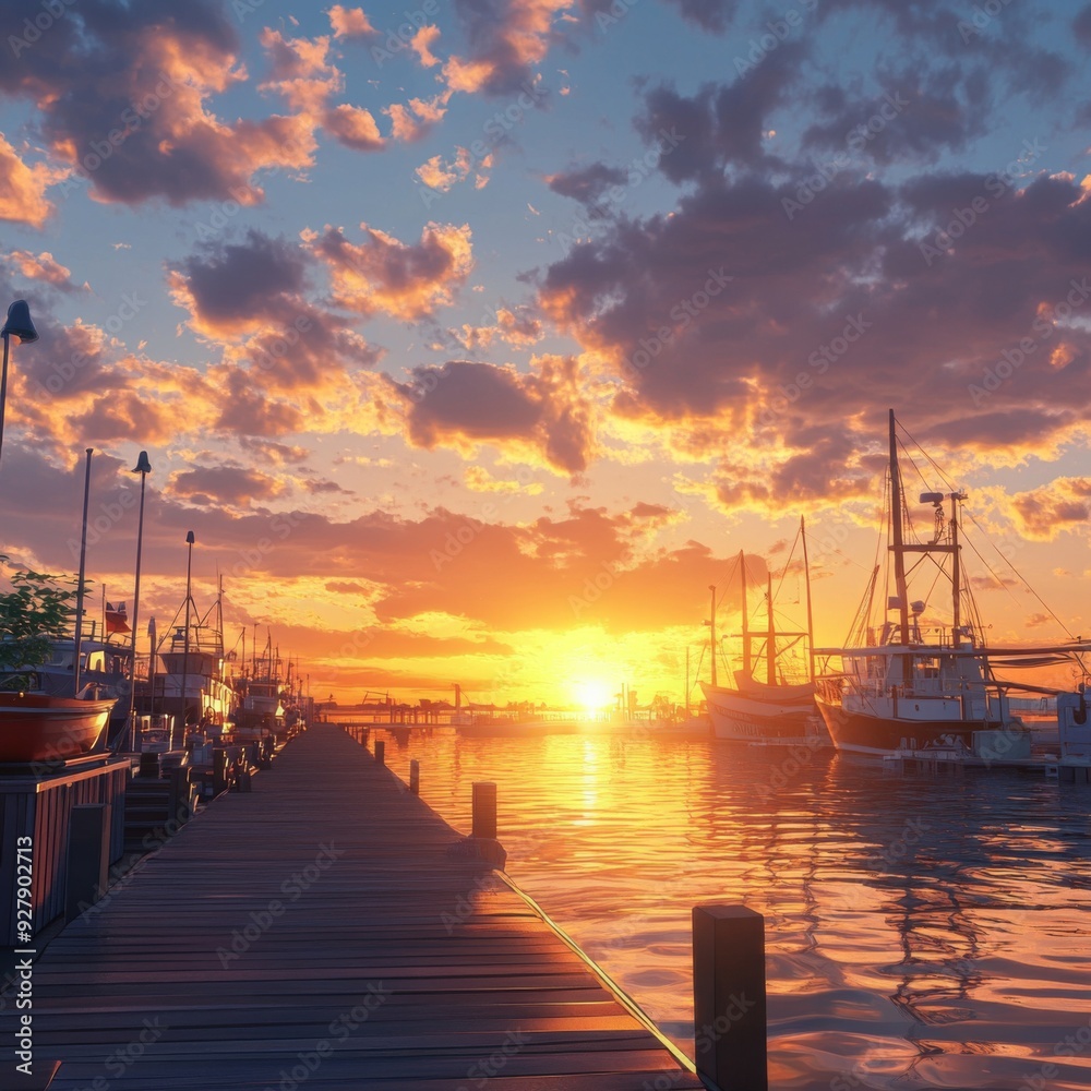 Obraz premium Sunset Magic on the anime-style Wharf: Enchanted Dusk at the Harbor Dock for Nautical Tourism and Fisheries Promotion,Anime-Style,illustration,Picture BooksFor Poster,Novel,UI,WEB,Game,Design,Abstract