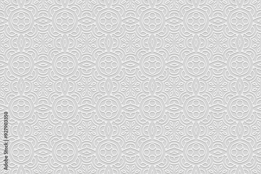 Embossed white background, tribal cover design, banner. Geometric openwork 3D pattern, embossing. Ornaments, handmade. Decorative ethnic group of the East, Asia, India, Mexico, Aztec, Peru. Embossed white background, tribal cover design, banner. Geometric openwork 3D pattern, embossing. Ornaments, handmade. Decorative ethnic group of the East, Asia, India, Mexico, Aztec, Peru.