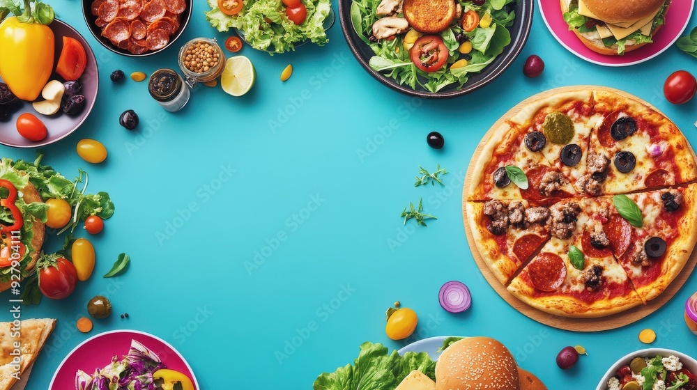 Vibrant food flyer with colorful images of delicious dishes, including pizza, burgers, and salads, with text placeholders for event details. Vibrant food flyer with colorful images of delicious dishes, including pizza, burgers, and salads, with text placeholders for event details.