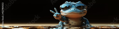 cartoon alligator wearing sunglasses, cute crocodile doing V-sign and peace sign, funny animal, banner with copy space. Design for Wall Art, Poster Print, Wallpaper & Background