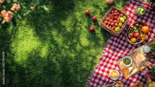 Vibrant picnic poster with a colorful blanket and fresh foods, leaving ample copy space for event details.