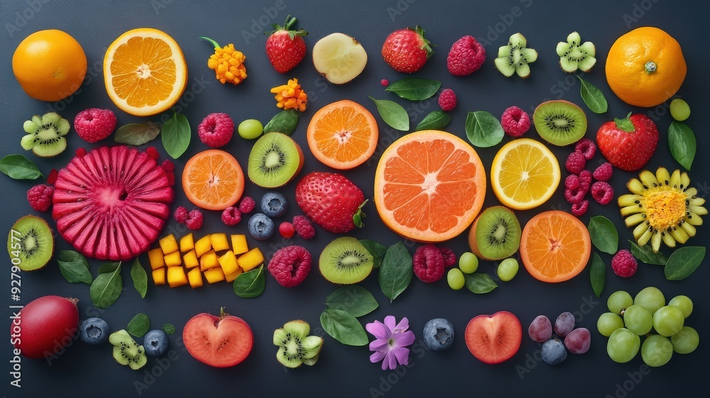 Whimsical food art with vibrant fruits arranged in fun designs, providing generous space for text.