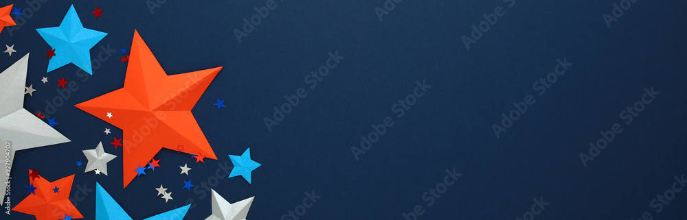Obraz premium 4th of July American Independence Day banner design with stars on dark blue background.