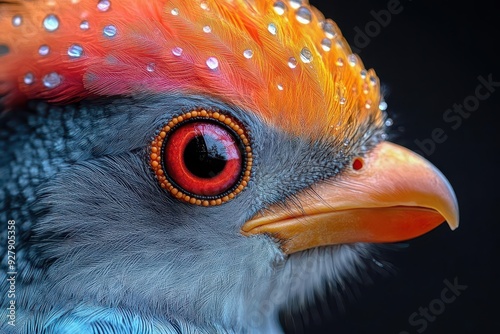 hyperrealistic exotic bird portrait iridescent feathers piercing gaze macro detail of intricate plumage vibrant colors on dark background photo