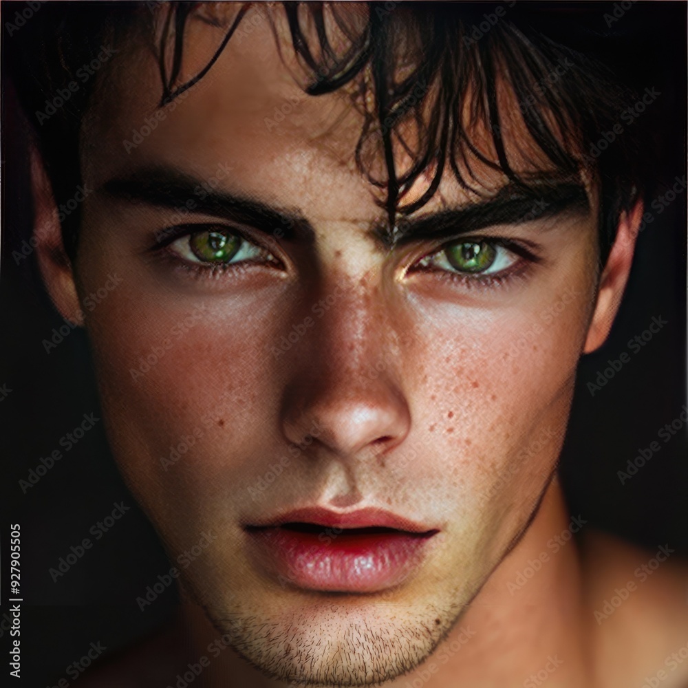 Close-up Portrait of a Young Man with Green Eyes and Dark Hair