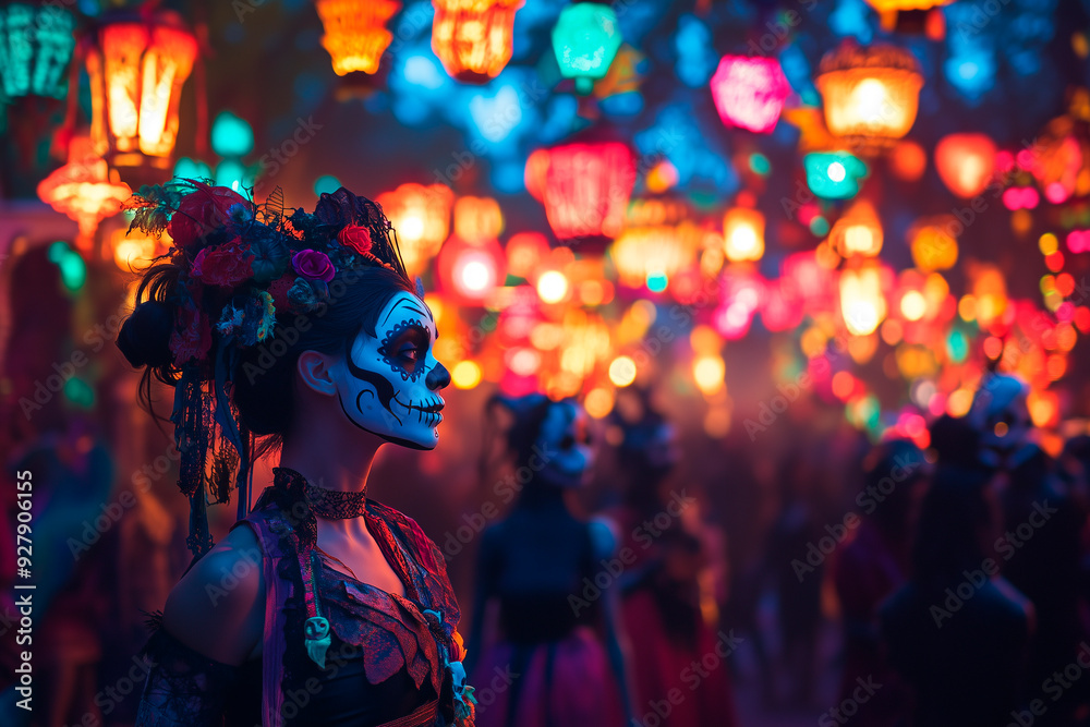A vibrant Day of the Dead scene featuring a woman in sugar skull makeup surrounded by colorful lanterns at night. A vibrant Day of the Dead scene featuring a woman in sugar skull makeup surrounded by colorful lanterns at night.